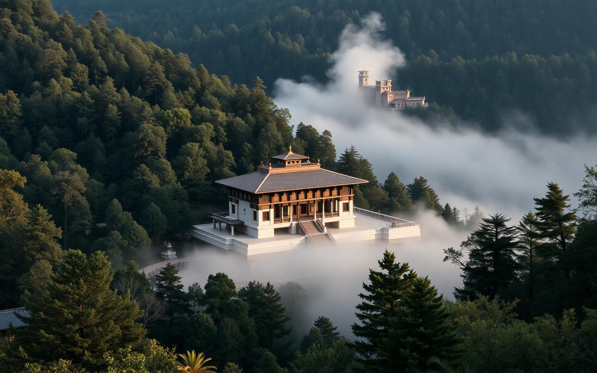 A monumental spiritual structure set within forest and mist